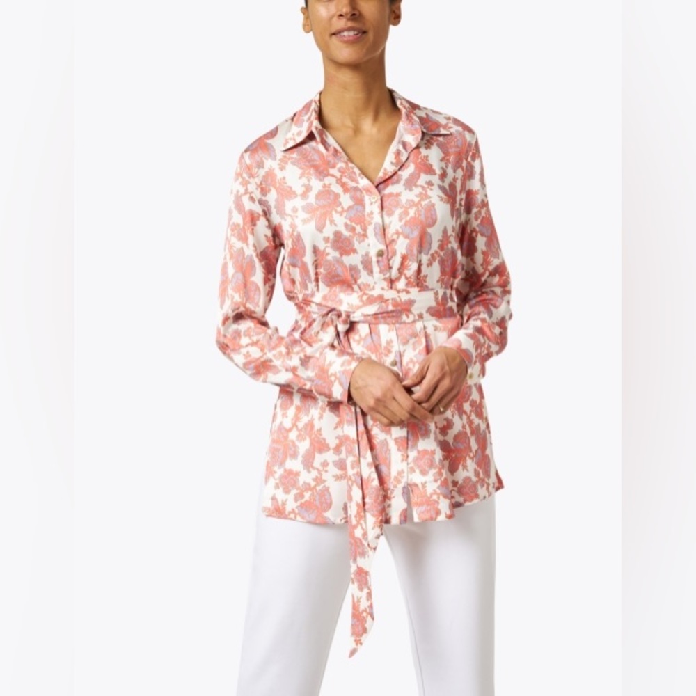 Chloe Kristyn Erin Coral and White Button Down Tunic Blouse (L)